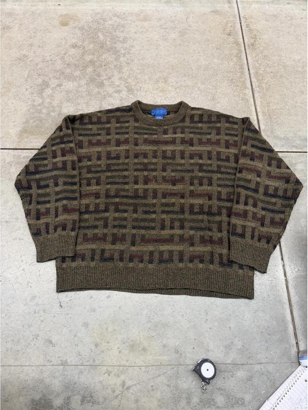 vintage olive green and brown towncraft squared knit sweater size xl